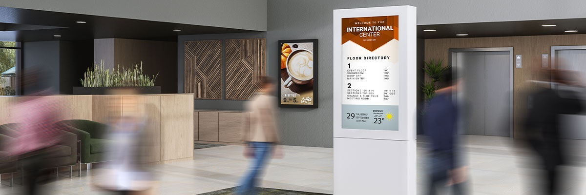 Single-Sided Floor Kiosk in corporate office lobby.