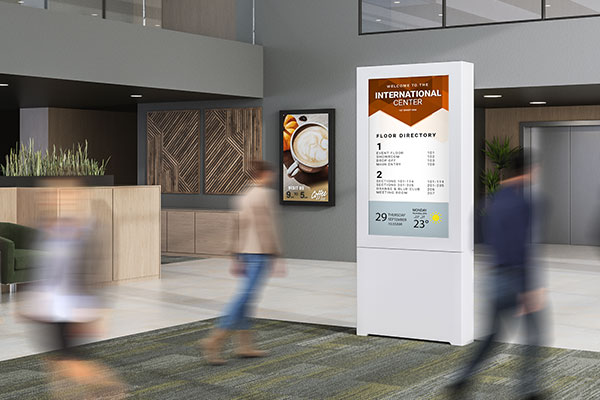 Single-Sided Floor Kiosk in corporate office lobby.